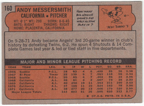 1972 Topps Baseball #160 Andy Messersmith