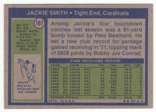 1972 Topps #161 Jackie Smith back