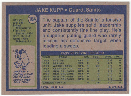 1972 Topps Football #164 Jake Kupp