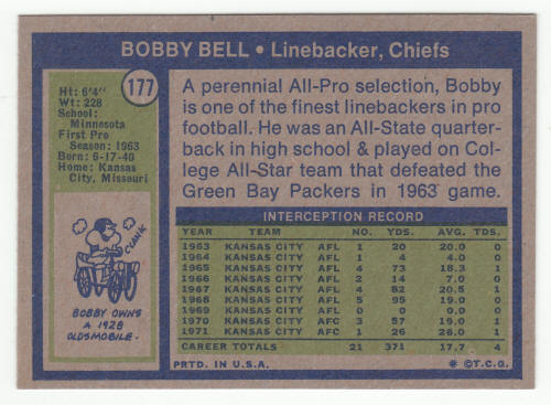 1972 Topps #177 Bobby Bell Card back