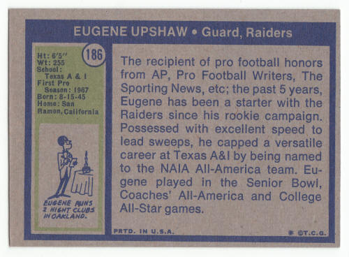 1972 Topps Gene Upshaw Rookie Card #186 VG/Ex back