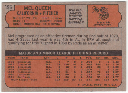 1972 Topps Baseball #196 Mel Queen