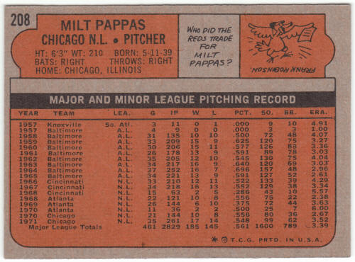 1972 Topps Baseball #208 Milt Pappas