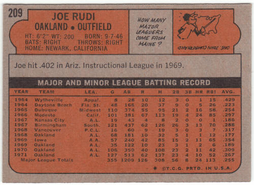 1972 Topps Baseball #209 Joe Rudi