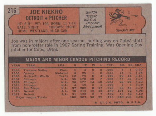 1972 Topps #216A Joe Niekro back