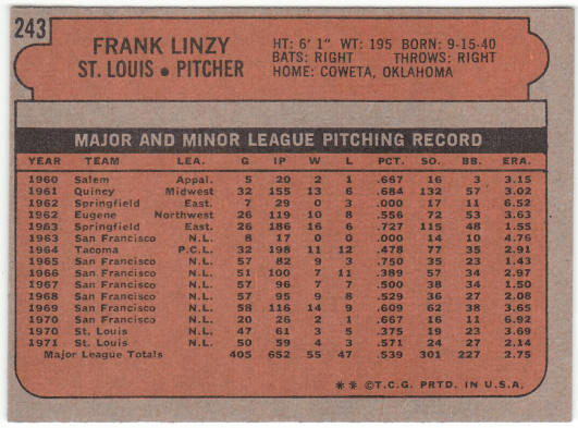 1972 Topps Baseball #243 Frank Linzy