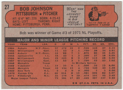 1972 Topps Baseball #27 Bob Johnson
