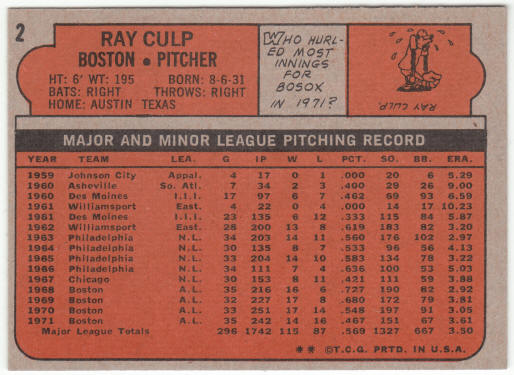 1972 Topps Baseball #2 Ray Culp