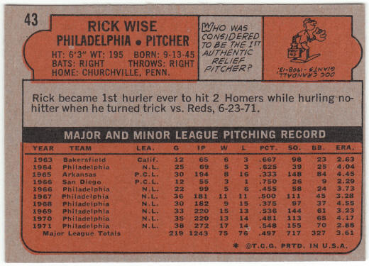 1972 Topps Baseball #43 Rick Wise