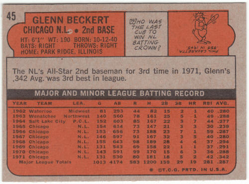 1972 Topps Baseball #45A Glenn Beckert