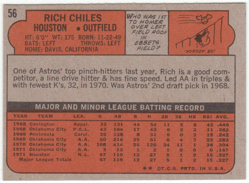1972 Topps Baseball #56 Rich Chiles Rookie Card