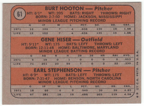 1972 Topps Baseball #61 Chicago Cubs Rookies Burt Hooton back