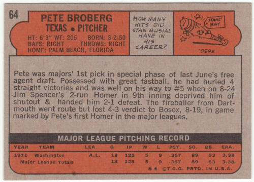 1972 Topps Baseball #64 Pete Broberg Rookie Card