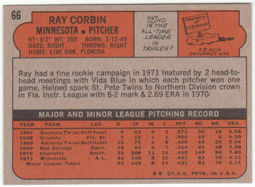 1972 Topps Baseball #66 Ray Corbin Rookie Card