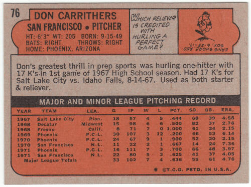 1972 Topps Baseball #76 Don Carrithers Rookie Card