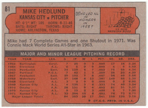 1972 Topps Baseball #81 Mike Hedlund