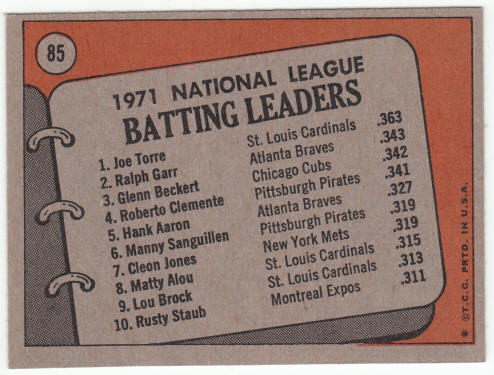 1972 Topps Baseball #85 NL Batting Leaders Joe Torre