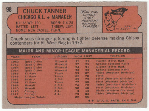 1972 Topps Baseball #98 Chuck Tanner