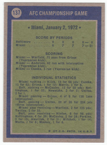 1972 Topps #137 AFC Championship Game Johnny Unitas back