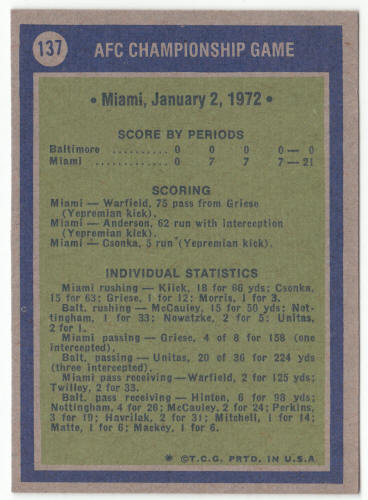 1972 Topps Football #137 AFC Championship Game Johnny Unitas