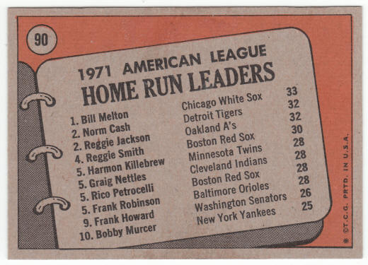 1972 Topps #90 AL Home Run Leaders back