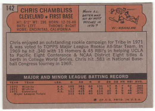 1972 Topps #142 Chris Chambliss Rookie Card back