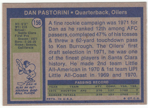 1972 Topps #156 Dan Pastorini Rookie Card back
