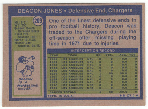 1972 Topps #209 Deacon Jones card back