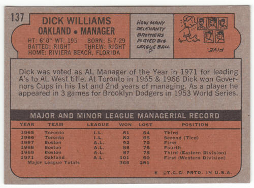 1972 Topps #137 Dick Williams back