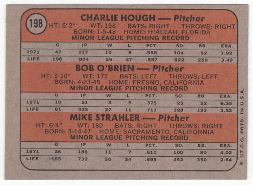 1972 Topps Dodgers Rookies Charlie Hough Bob OBrien Mike Strahler #198 back