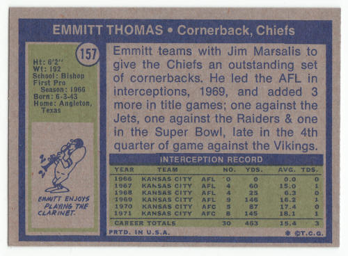 1972 Topps Emmitt Thomas #157 Rookie Card back