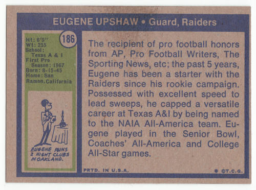 1972 Topps Gene Upshaw Rookie Card #186 VG back