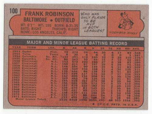 1972 Topps #100 Frank Robinson baseball card back