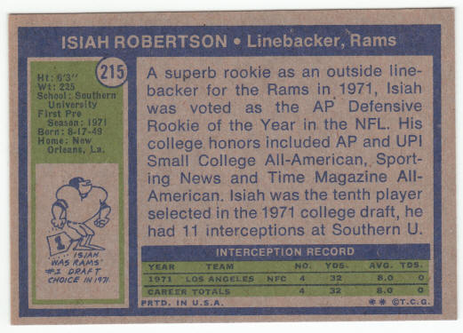 1972 Topps Football #215 Isiah Robertson Rookie Card
