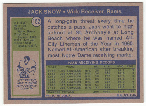 1972 Topps #152 Jack Snow card back