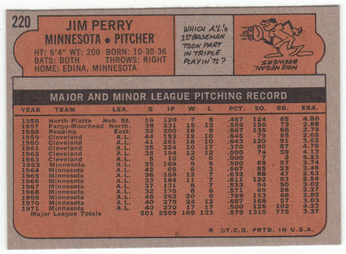 1972 Topps #220 Jim Perry back