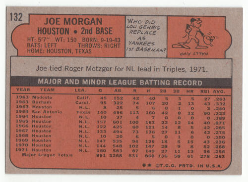 1972 Topps #132 Joe Morgan baseball card back