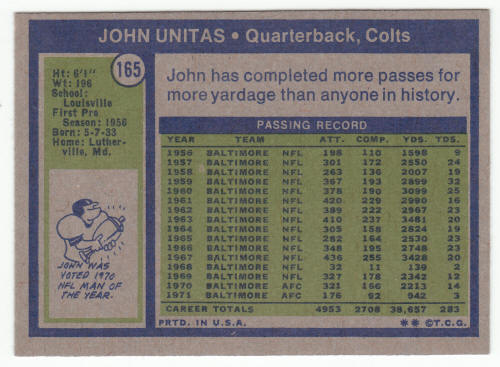 1972 Topps Johnny Unitas #165 Card back