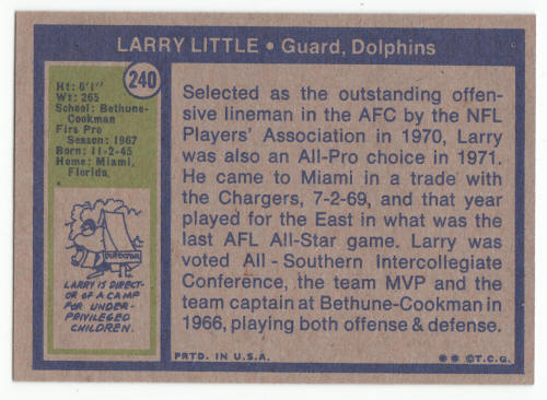 1972 Topps Larry Little Rookie Card #240 back