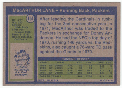 1972 Topps #151 MacArthur Lane card back
