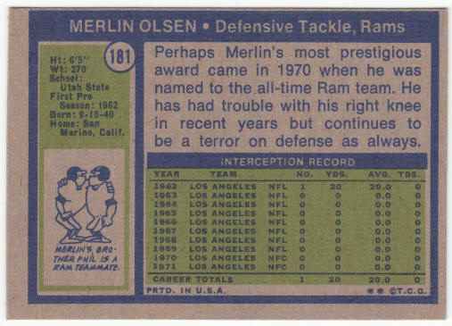 1972 Topps #181 Merlin Olsen back