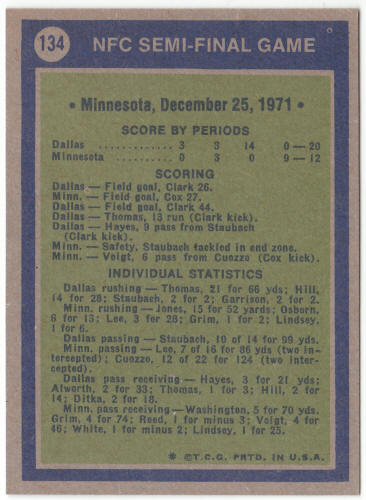 1972 Topps #134 NFC Semi-Final Game back