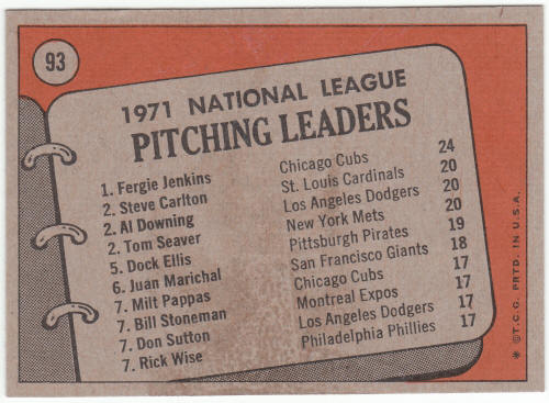 1972 Topps #93 NL Pitching Leaders back