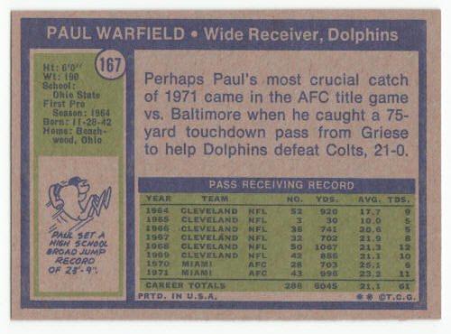1972 Topps Paul Warfield #167 NM- back