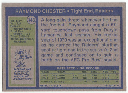 1972 Topps Football #143 Raymond Chester Rookie Card