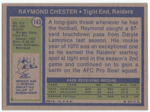 1972 Topps Football #143 Raymond Chester Rookie Card