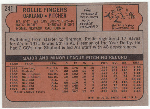 1972 Topps #241 Rollie Fingers back