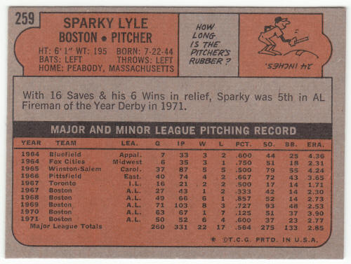 1972 Topps #259 Sparky Lyle back