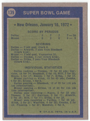 1972 Topps Super Bowl Roger Staubach #139 back