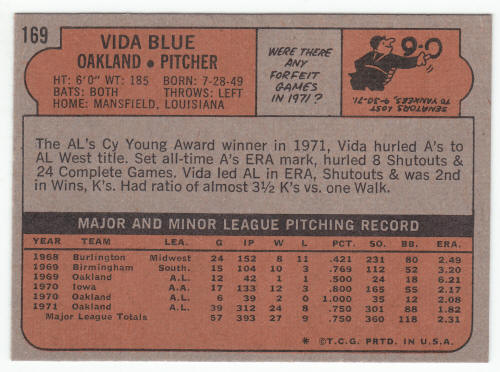 1972 Topps Vida Blue #169 back
